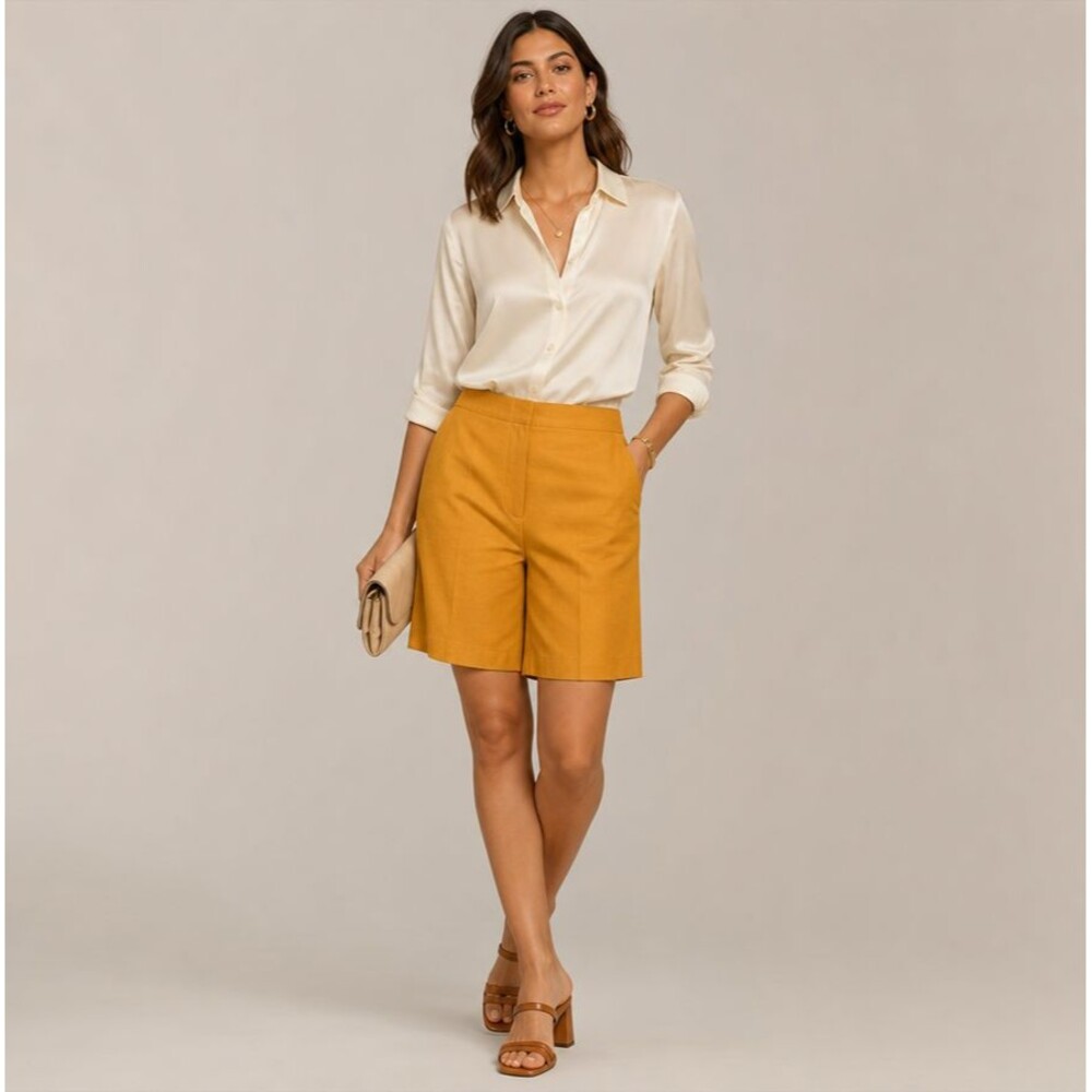Lafayette 148 Ryerson Silk Linen Bermuda Shorts Size 2 Yellow Business Casual